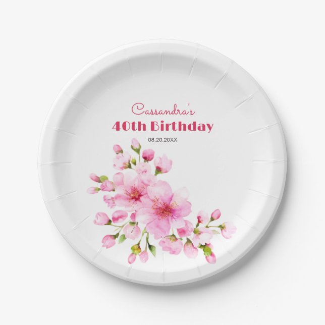 Rustic Pink Cherry Blossom Sakura Floral Birthday Paper Plate (Front)
