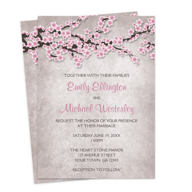Rustic Pink Cherry Blossom Wedding Invitations (Creator Uploaded)