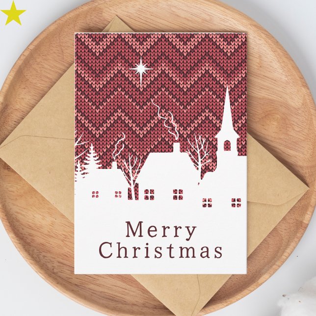 Rustic Pink Chevron Knit Christmas Village Card (Creator Uploaded)