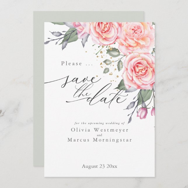 Rustic Pink Cottage Roses Save the Date Invitation (Front/Back)