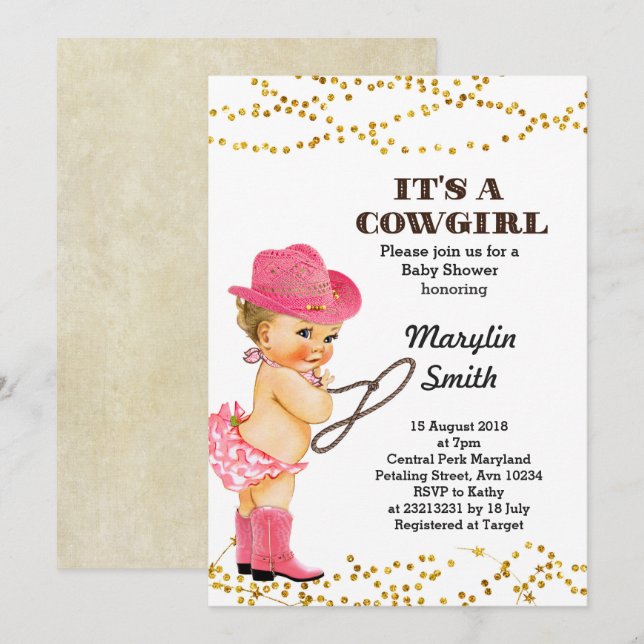 Rustic Pink Cowgirl Baby Shower Girl Invitation (Front/Back)