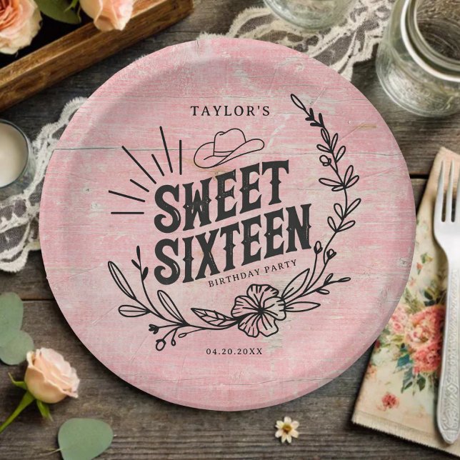 Rustic Pink Cowgirl Floral Sweet Sixteen Birthday  Paper Plate (Rustic pink cowgirl sweet sixteen paper plate with floral design and vintage wood background.)