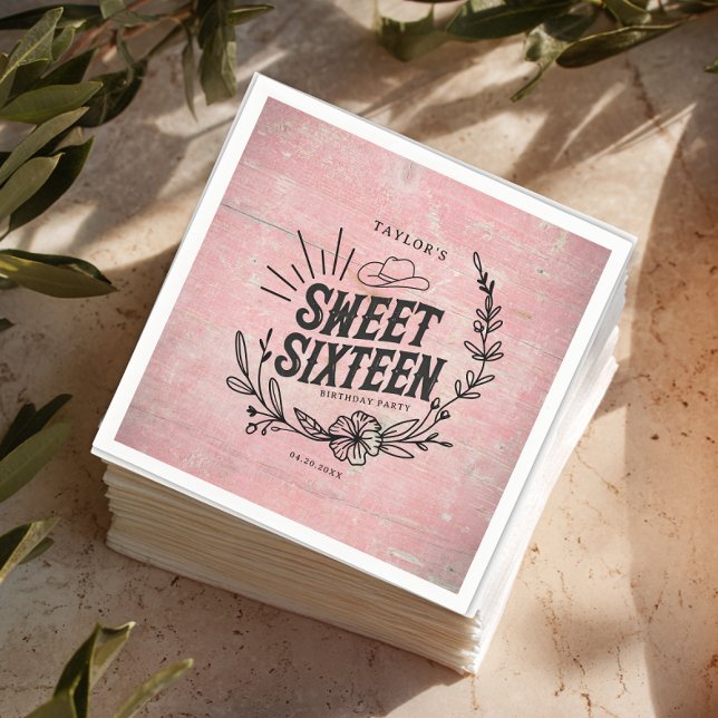 Rustic Pink Cowgirl Floral Sweet Sixteen Party Napkin (Rustic pink cowgirl sweet sixteen napkins with floral western design and vintage wood texture.)