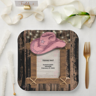 Rustic Pink Cowgirl Hat Baby Shower Paper Plate