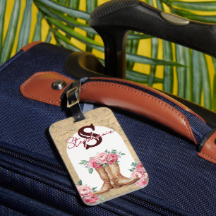 Rustic Pink Cowgirl Monogrammed Floral Luggage Tag