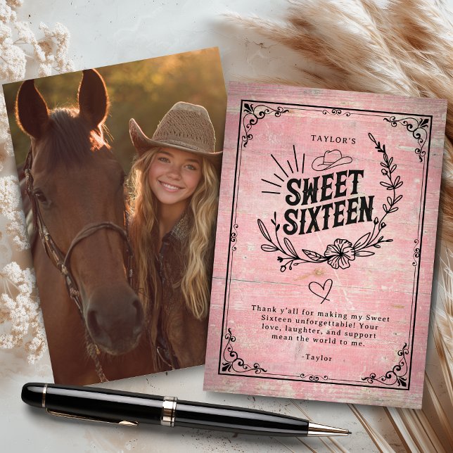 Rustic Pink Cowgirl Sweet Sixteen with Photo Thank You Card (Rustic pink cowgirl sweet sixteen thank-you card with western floral design and photo.)