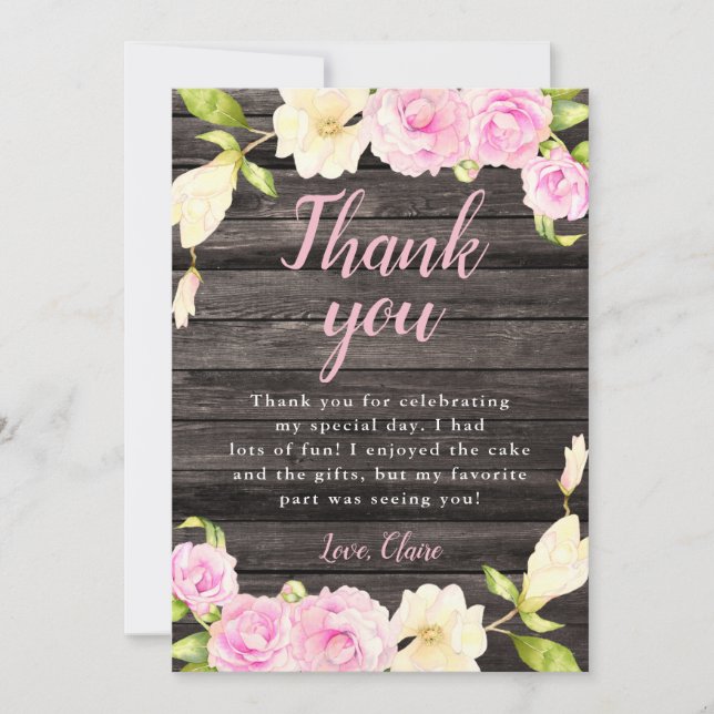 Rustic Pink Cream Floral Birthday Thank You Card (Front)