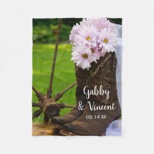 Rustic Pink Daisies and Cowboy Boots Wedding Fleece Blanket