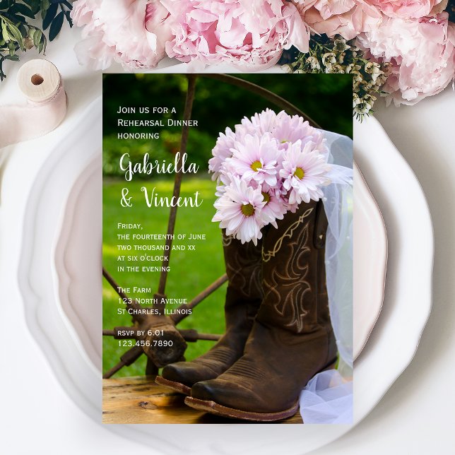 Rustic Pink Daisies Boots Wedding Rehearsal Dinner Invitation (Creator Uploaded)