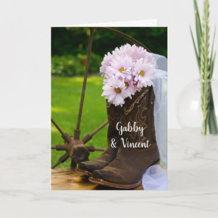 Rustic Pink Daisies Cowboy Boots Barn Wedding Invitation