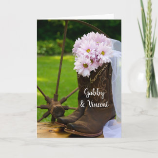 Rustic Pink Daisies Cowboy Boots Barn Wedding Invitation