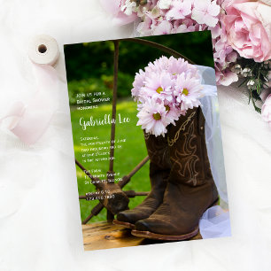 Rustic Pink Daisies Cowboy Boots Bridal Shower Invitation