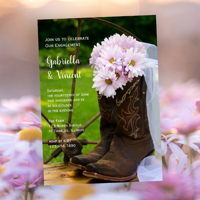 Rustic Pink Daisies Cowboy Boots Engagement Party Invitation (Creator Uploaded)