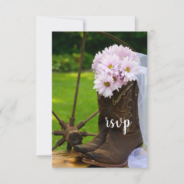 Rustic Pink Daisies Cowboy Boots Wedding RSVP Card (Front)