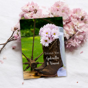 Rustic Pink Daisies Cowboy Boots Wedding Thank You Card
