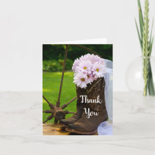 Rustic Pink Daisies Cowboy Boots Wedding Thank You Card