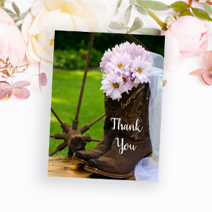 Rustic Pink Daisies Cowboy Boots Wedding Thank You Postcard