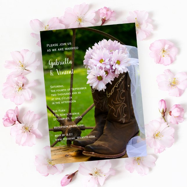 Rustic Pink Daisies Cowboy Boots Western Wedding Invitation (Creator Uploaded)