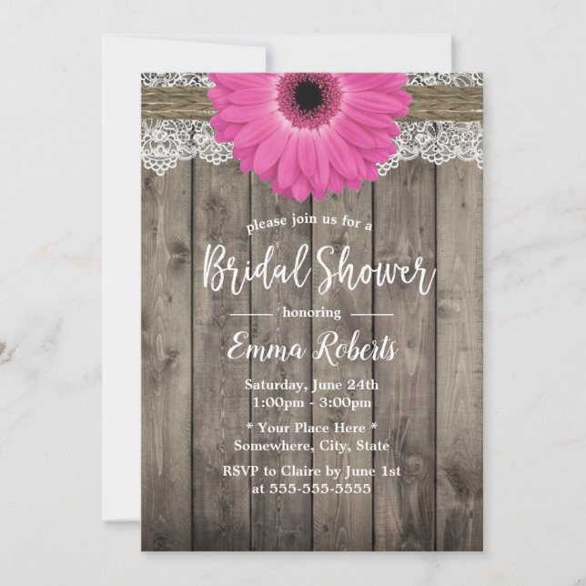 Rustic Pink Daisy Floral White Lace Bridal Shower Invitation (Front)