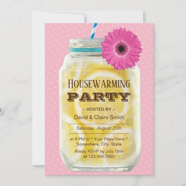 Rustic Pink Daisy Lemonade Jar Housewarming Party Invitation (Front)