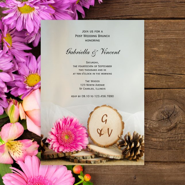 Rustic Pink Daisy Natural Wood Post Wedding Brunch Invitation (Creator Uploaded)