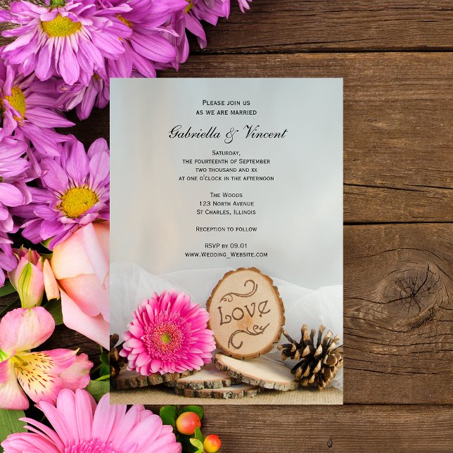 Rustic Pink Daisy Woodland Wedding Invitation (Set a woodsy tone for your marriage with the Rustic Pink Daisy Woodland Wedding Invitation.)