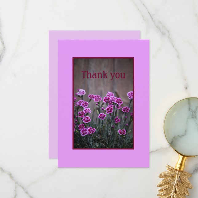 Rustic Pink Dianthus Flowers Flat Thank You Card (Front/Back In Situ)