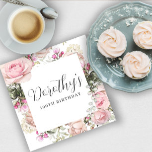 Rustic Pink Floral 100th Birthday Party Custom Napkin