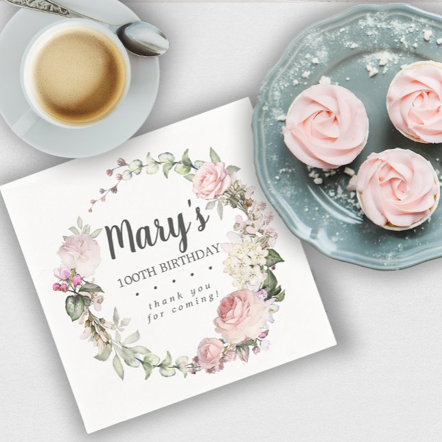 Rustic Pink Floral 100th Birthday Party Napkin (Creator Uploaded)