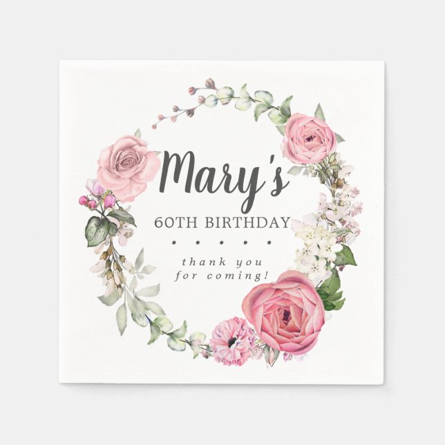 Rustic Pink Floral 60th Birthday Party Napkins (Front)