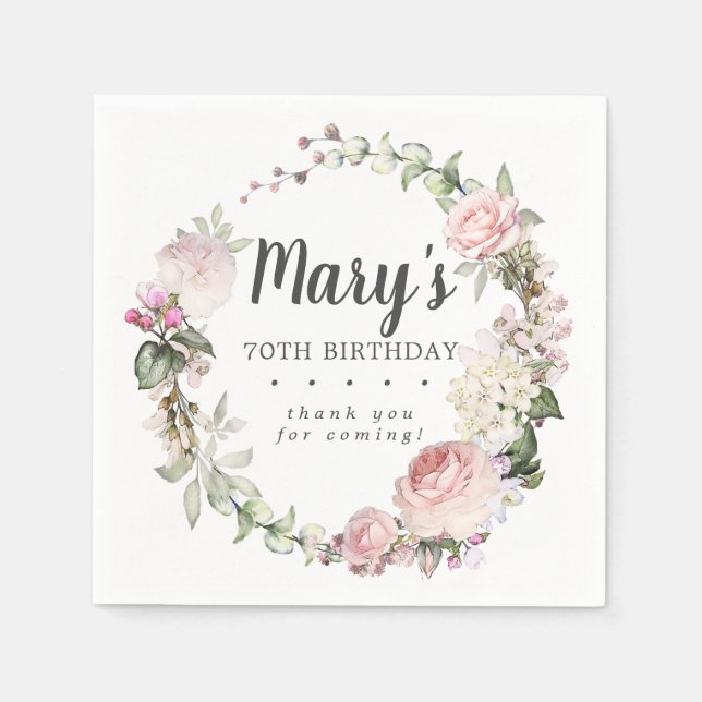Rustic Pink Floral 70th Birthday Party Napkin (Front)