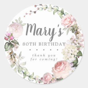 Rustic Pink Floral 80th Birthday Thank You Classic Round Sticker