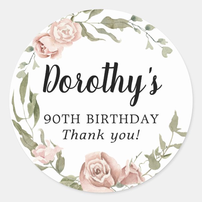 Rustic Pink Floral 90th Birthday Thank You Classic Round Sticker (Front)