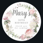Rustic Pink Floral 90th Birthday Thank You Classic Round Sticker<br><div class="desc">Soft blush pink roses and bright pink buds create a beautifully rustic floral wreath. White hydrangeas at to the floral bloom. The birthday woman's name is written in a large script font. 90th Birthday and the thank you sentiment follow. This birthday sticker is part of the 90th Birthday Pink Rose...</div>