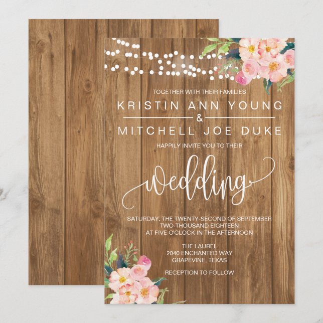 Rustic Pink Floral and Wood Wedding Invitation (Front/Back)