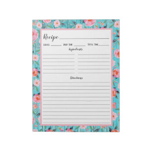 Rustic Pink Floral Aqua Wood Recipe Notepad