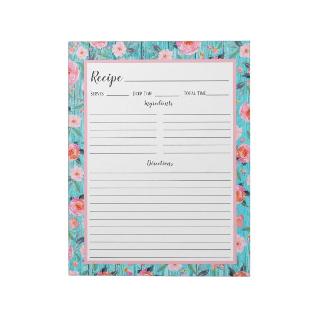 Rustic Pink Floral Aqua Wood Recipe Notepad (Rotated)