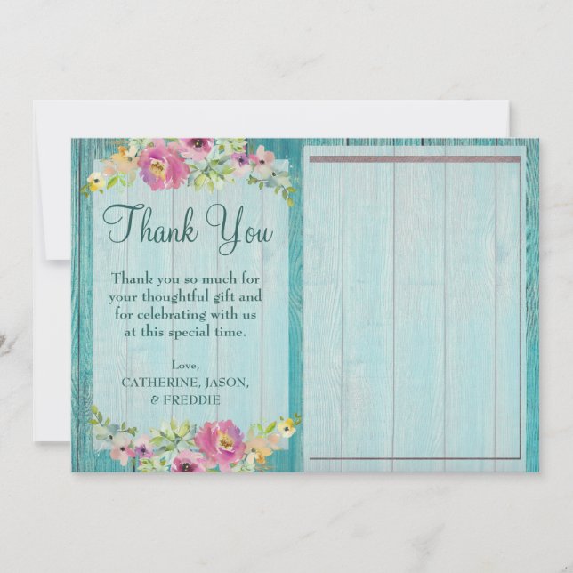 Rustic Pink Floral Blue Wood Baby Shower Thank You (Front)