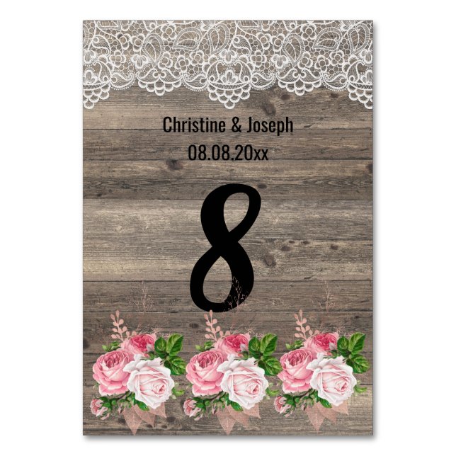 Rustic Pink Floral Bouquet Lace TABLE NUMBER (Front)