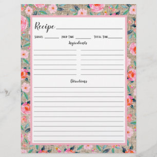 Rustic Pink Floral Burlap Recipe Binder Page