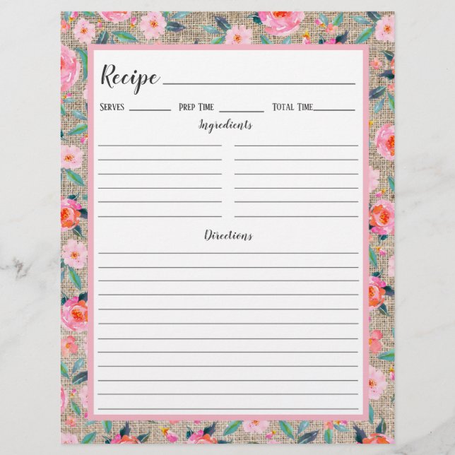 Rustic Pink Floral Burlap Recipe Binder Page (Front)