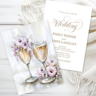 Rustic Pink Floral Champagne Glasses Wedding Invitation