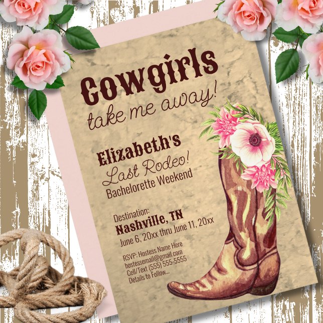 Rustic Pink Floral Cowgirl Bachelorette Party Invitation (Creator Uploaded)