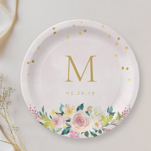 Rustic Pink Floral Custom Initial Bridal Shower Paper Plate