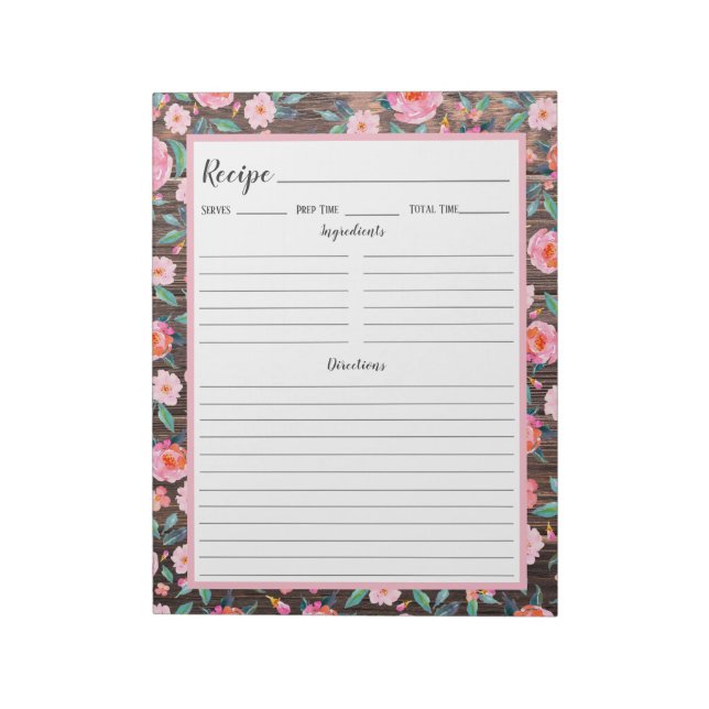 Rustic Pink Floral Dark Wood Recipe Notepad (Rotated)