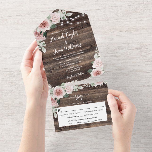 Rustic Pink Floral Eucalyptus String Light Wedding All In One Invitation (Tearaway)