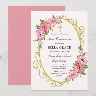 Rustic Pink Floral First Holy Communion Invitation