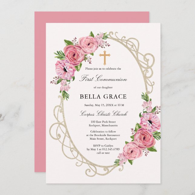 Rustic Pink Floral First Holy Communion Invitation (Front/Back)