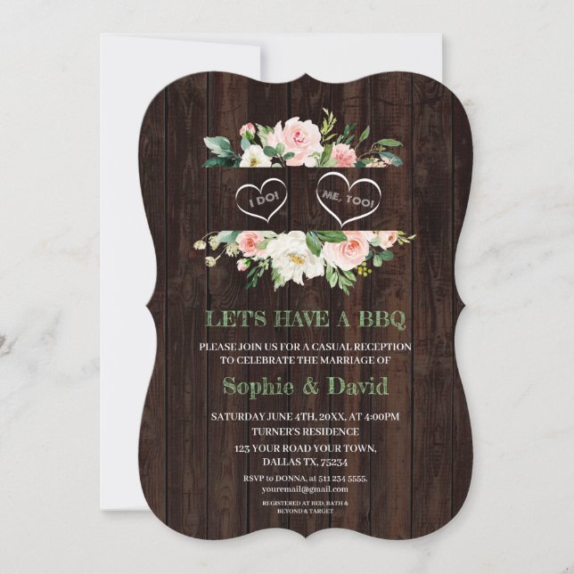 Rustic Pink Floral Frame Barn I DO BBQ Invitation (Front)