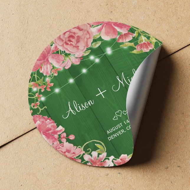 Rustic pink floral green barn wood summer wedding classic round sticker (Creator Uploaded)